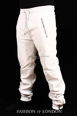 Men's JOGGER White Lambskin Premium Leather Jogging Trouser Track Suit Draw Pant • $97.62