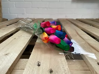 Dozen Bright Wooden Roses In A Choice Of Colours Everlasting Flower Bouquet • £14.95