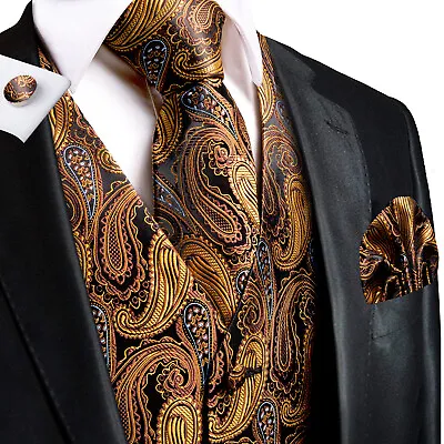 $9.99 • Buy Men's Silk Vest Waistcoat ,Brown Paisley Vest Hanky Cufflinks Set XL