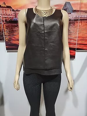 VINCE WOMEN'S Size S Leather Front Silk Back Overlay Top Black Laser Cut Hem #C • $59.10