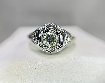 Vintage Art Deco 18k White Gold Natural Round Diamond Filigree Engagement Ring • $649