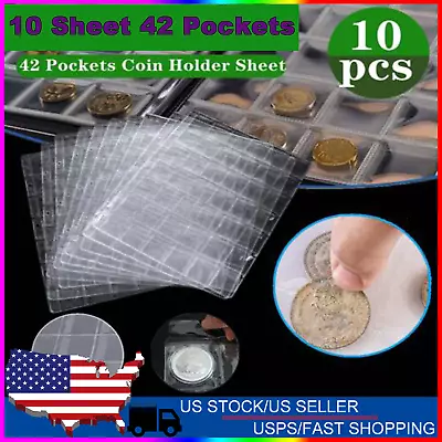 10 Sheets Clear Coin Page Sleeve 42 Pockets Plastic Holder Collection Protector • $11.99