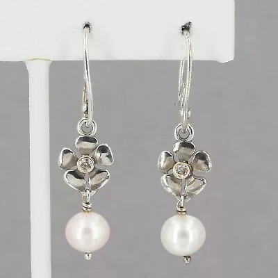 RARE Pandora Sterling Silver & 14K Diamond Pearl Posey Compose Earrings 290620P • £125.34