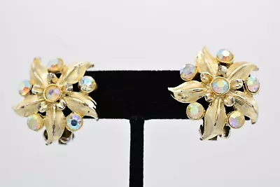 Vintage Flower Clip Earrings Aurora Borealis Rhinestone Crystal Gold 1980s 9H • $18.36