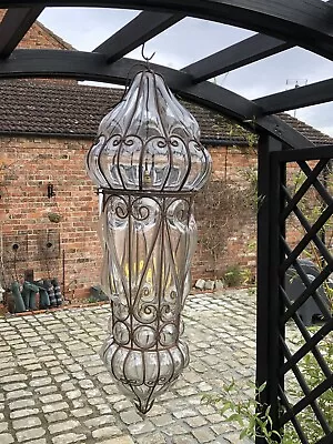 Vintage Huge Handblown Venetian Murano Caged Glass Ceiling Light 41” Chandelier • £350