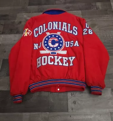 Vintage 1970s Rennoc Red Corduroy Embroidered Colonials Hockey Varsity Coat Sz L • $199.99