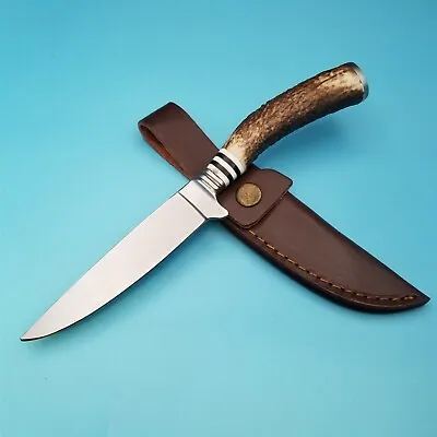 Fixed Blade Knife Stag Handle 9.25  X 4.75  Leather Sheath Cowboy Mountain Man • $29.99