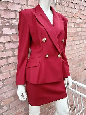 Moschino Vintage Blazer Skirt Suit Matching Set Red Wool Gold Buttons IT 44 S M • $559.83