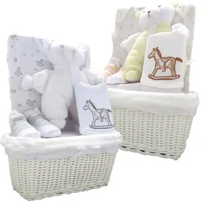 New Baby Basket Gift Hamper 5 Piece Layette Set ~ Rocking Horse Cream White 0-3M • £23.99