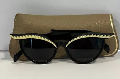 Vintage Cat's Eye Black Sunglasses W/hite Trim--Green Lenses-1950's-1960's • $84.91