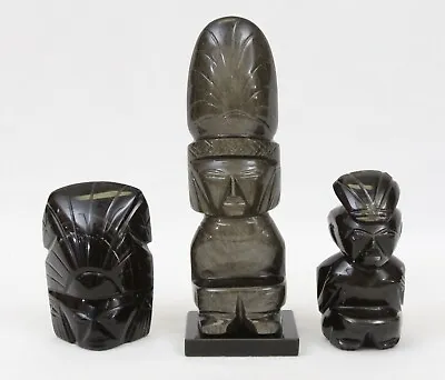 Mayan Stone Carving Black Onyx Obsidian Statue Lot (3) Mexico Sculpture Figure • $74.99