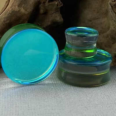 Green/Aqua Iridescent Double Sided Glass Plugs (PG-604) Gauges PICK YOUR SIZE • $11.79