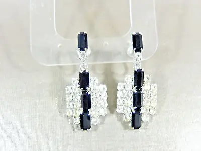 VTG 60's BLACK AND WHITE PRONG SET RHINESTONE CHANDELIER SCREW BACK EARRINGS • £19.30