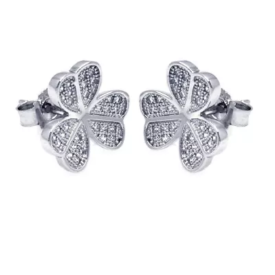 Sterling Silver Flower Micro Pave CZ Stones Stud Earrings • $22.99