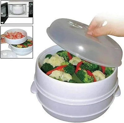 Microwave 2 Tier Vegetable Steamer Pasta Rice Fish Steaming Pot Healthy Eating • £9.95