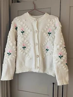 Vintage Hand Knitted Spring Floral Cardigan Size 10 12 14 Cream Pink  • £55