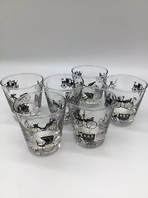 Set Of 6 Vintage Libby Bar Glasses Antique Cars Black & Gold Barware Low Ball • $44