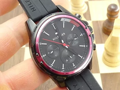 TOMMY HILFIGER Men's 44mm Triple Calendar Black Silicone Designer Wristwatch • £13