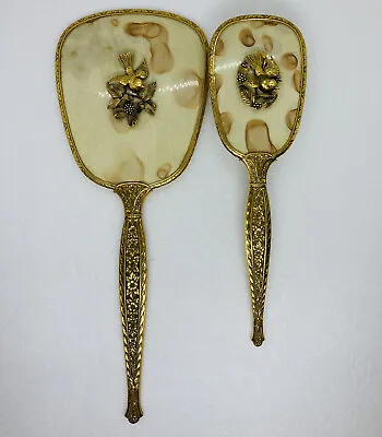 Rare 1950s Matson Vanity Hand Mirror Hair Brush Set Bird Sing 24k Gold Plated C3 • $76.49