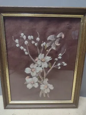 VINTAGE Floral CREWEL EMBROIDERED  Framed Picture Dogwood And Pussy Willows  • $25