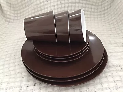 Set For 3Vintage Retro Melaware Plates Cups Saucers Chocolate Brown. • £10