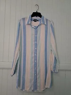 Island Company Womens Linen Blue Striped Gentleman Shirt Beach Cover-Up Sz M • $12.99