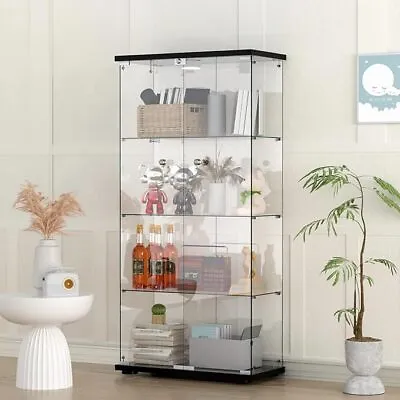 Glass Display Cabinet 4 Shelves 2 Doors Push Light Storage For Curio Bookshelf • $265.98