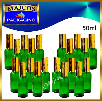 50ml Empty Green Glass Bottles With Shiny Golden Aluminium Atomiser / Mist Spray • £25