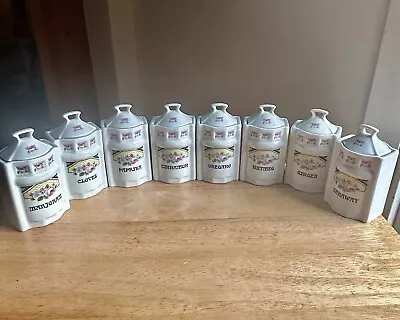 Set Of 8 Antique VTG Porcelain Spice Canisters Haas & Czjzek Paprika Oregano Etc • $59.50