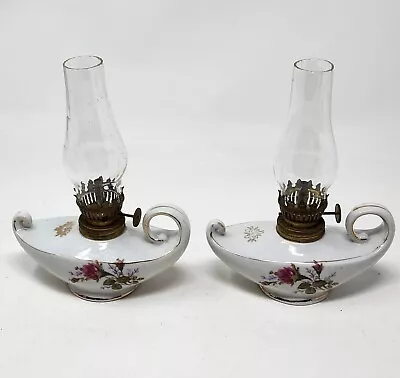 2 Vintage Miniature Porcelain Oil Lamp Finger Loop Moss Rose Clear Shade Japan • $18.75