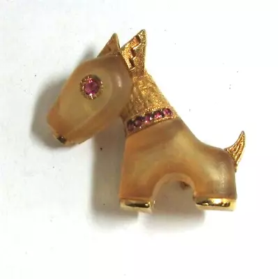 Vintage Hattie Carnegie Frosted Lucite Rhinestone Gold Tone Dog Pin Brooch • $39.99