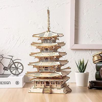 ROBOTIME 3D Puzzle Wooden Model Kit DIY Five-Storied Pagoda Mechanical Building • £29.99