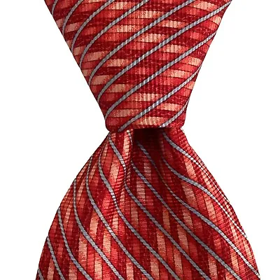 BVLGARI SEVENFOLD Men's 100% Silk Necktie ITALY Luxury STRIPED Red/Pink/Blue EUC • $104.99