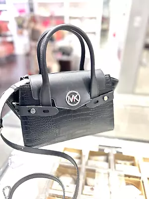 Michael Kors Carmen Medium Flap Satchel Signature MK Logo Pvc Bag Handbag Black • $96