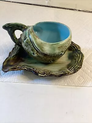 Vintage Majolica Pottery Green Blue Demitasse Seashell Cup And Saucer Japan B83 • $19