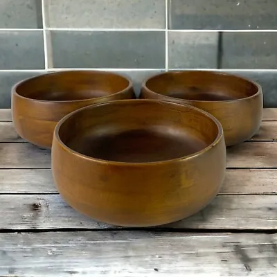 Set Of 3 Vintage Wooden Salad Bowls 6.5” In Dark Tone Primitive Village • $7.49