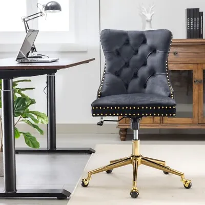 Velvet Home Office Chair Golden Base & Button Tufted With Stud Trim Desk Chair • $169