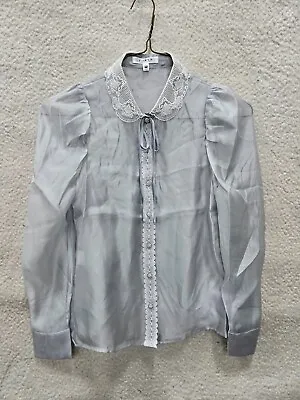 Jorya Top Women Medium Gray Poly Blend Long Sleeve Button Down Lace Collar Shirt • £12.16