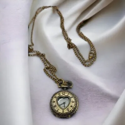 Woman's Pendant Necklace Watch Vintage Antique Bronze Heart Shape • $20