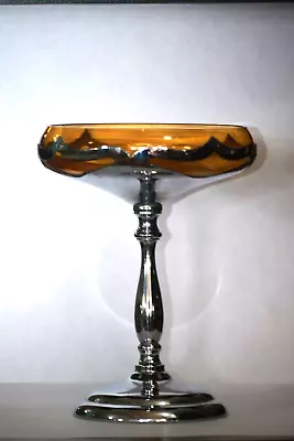 Farber Brothers Amber  & Chrome Compote Cambridge Glass 7.25  High 1950's • $10