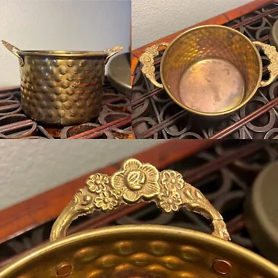 Vintage Circle Hammered Copper Planter Pot Brass Rose Ornate Flower Handles • $20