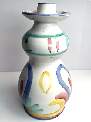 Vietri Italy 1986 Art Pottery Candlestick Holder 7 3/4  Blue Trim Pastel Colors • $9.93