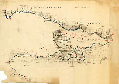 1932 Vancouver Map Of Indian Villages Landmarks Burrard Inlet English Bay • $13.95