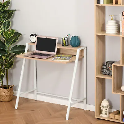 2-Tier Workstation Computer Laptop Desk Home Office Table W/ Shelf White • £37.99