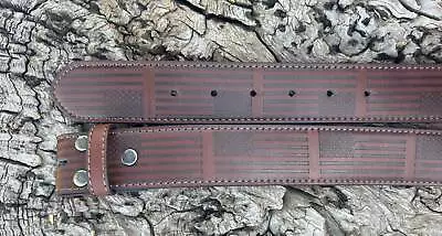 Brown Tooled American Flag Leather Snap Belt Strap - 100% Full Grain Western St • $34