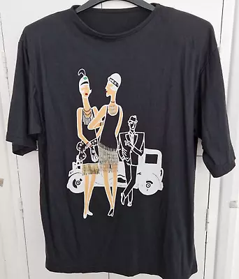 Womens  12-14 Black Loose Boxy Flapper Girl Beads T-shirt Top Tunic Short Sleeve • £9.99