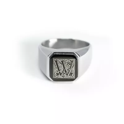 Stainless Steel Floral Monogram Letter W Mens Square Biker Flat Top Signet Ring • $14.50