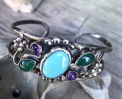 Vintage Silver Jeweled Turquoise Chalcedony Amethyst Cuff Bracelet • $26