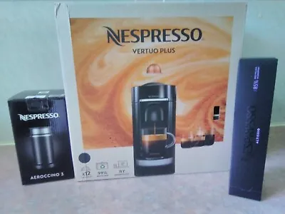 Nespresso Vertuo Plus Deluxe Black Flat Top Coffee Machine & Aeroccino3 Frother • $449