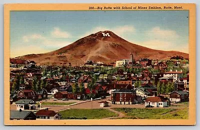 Montana~Big Butte Landform W/ School Of Mines Emblem~Vintage Linen Postcard • $3.70